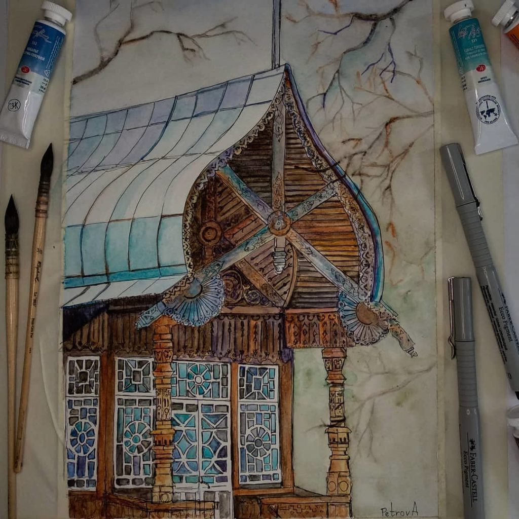 Sketch . Old cottages. Watercolor Картины. акварель.