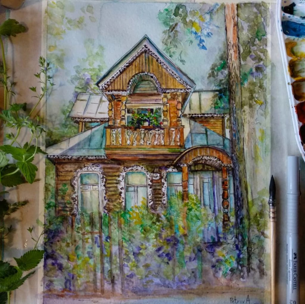 "House with a mezzanine" watercolor. Акварель на заказ. картины на заказ. История в живописи.